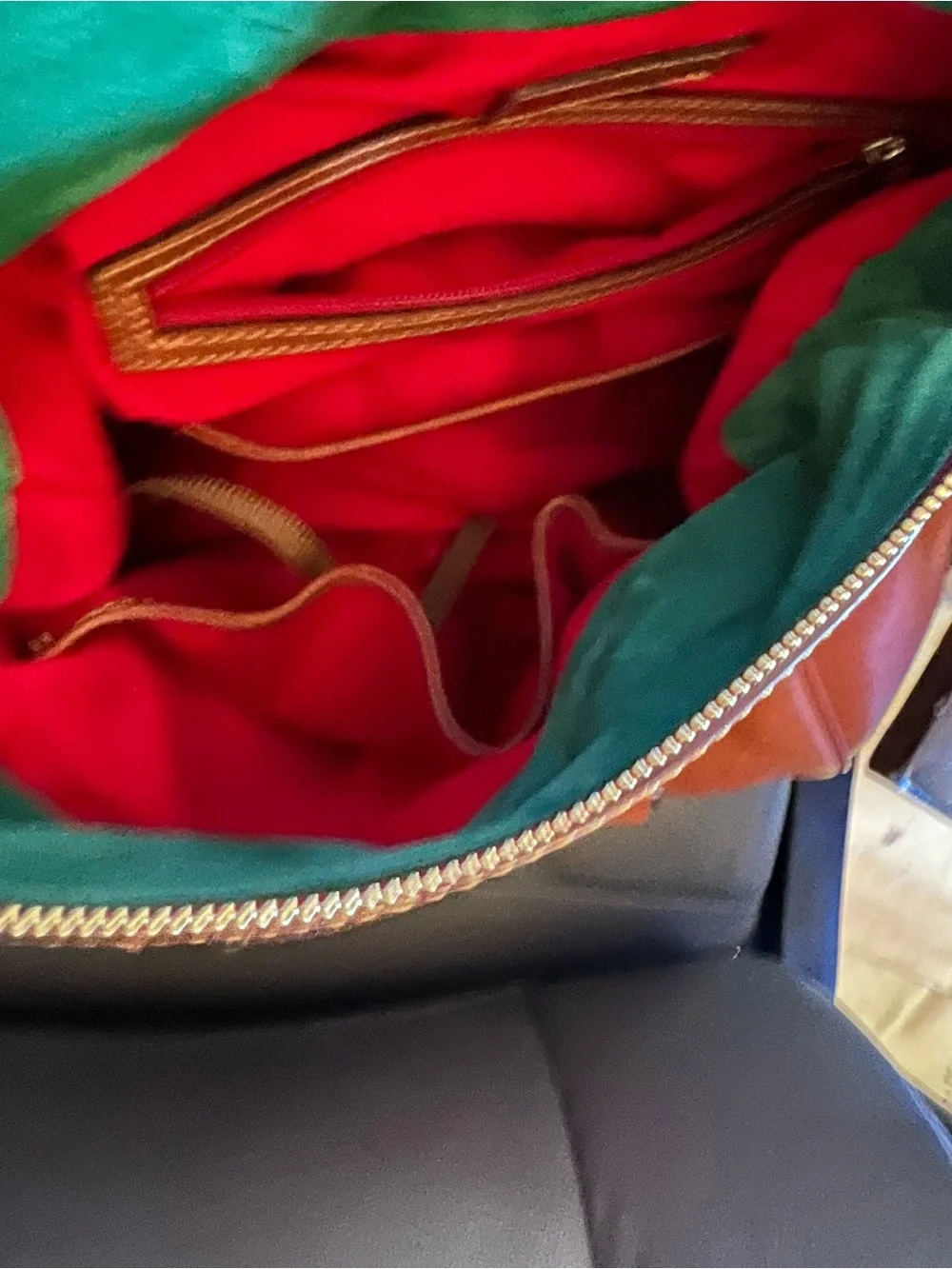 Dooney & Bourke Brown Leather Shoulder Bag with Green Suede Interior